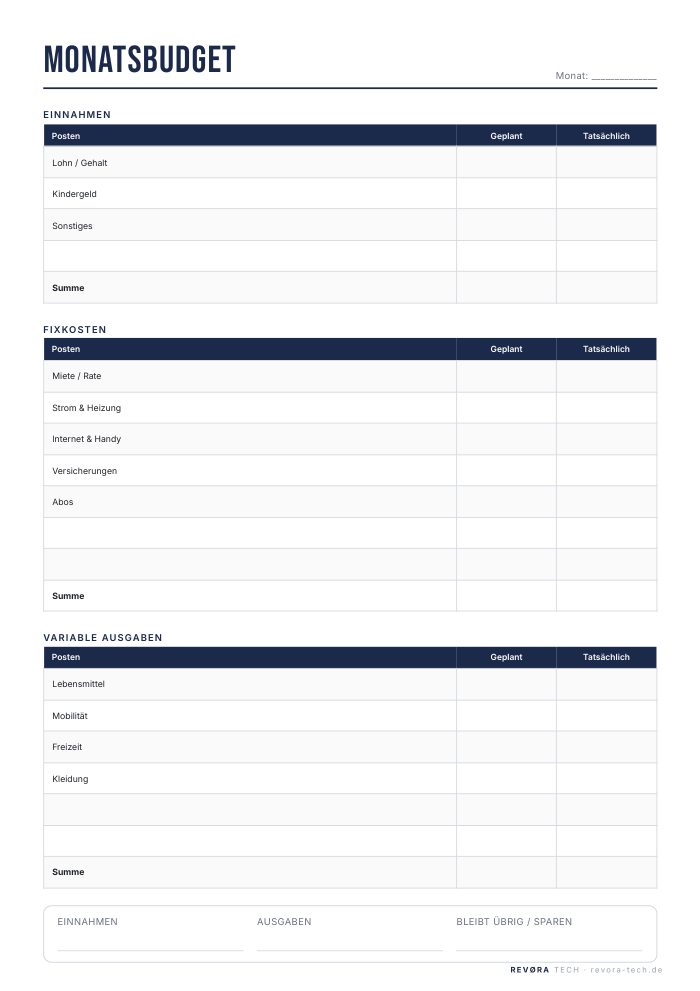 Haushalts-Planer: Monatsbudget