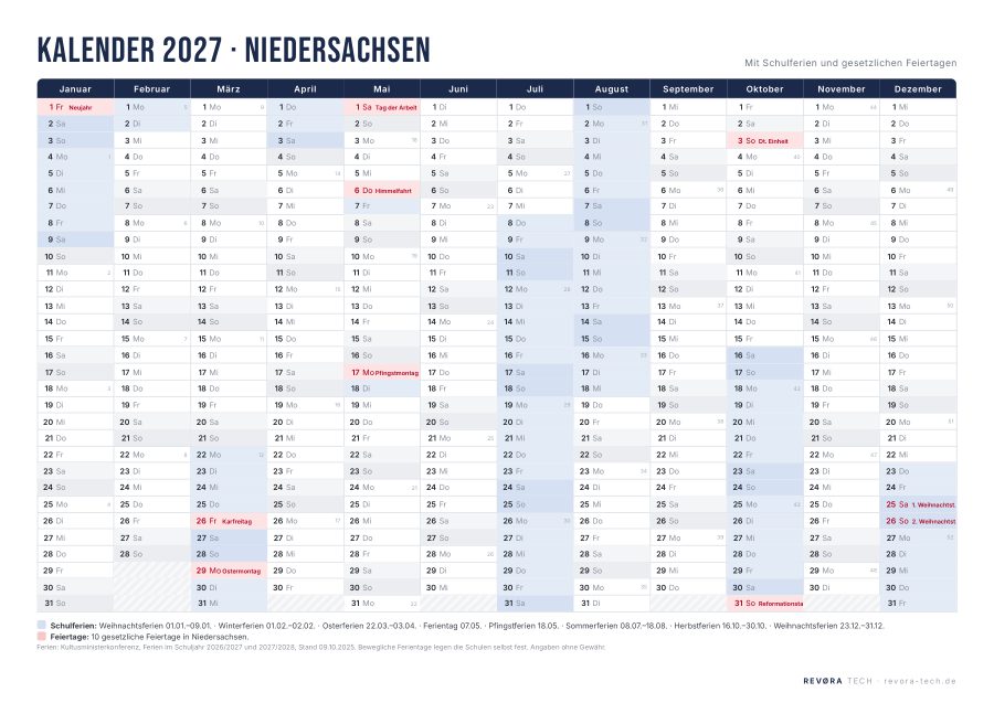 Kalender 2027 Niedersachsen mit Schulferien und Feiertagen