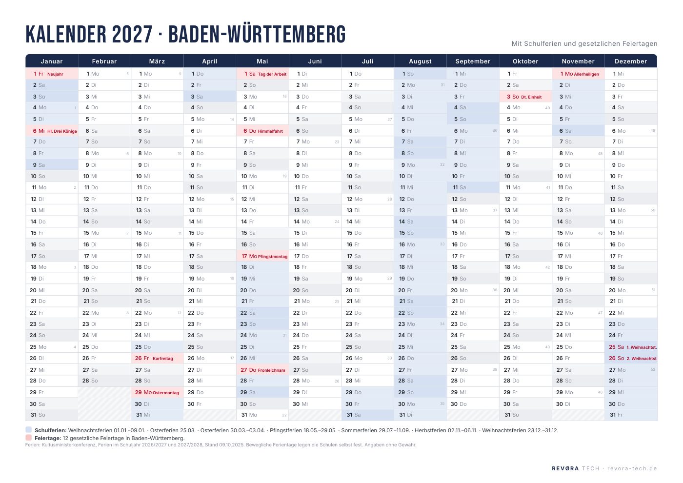 Vorschau: Kalender 2027 Baden-Württemberg mit Schulferien und Feiertagen