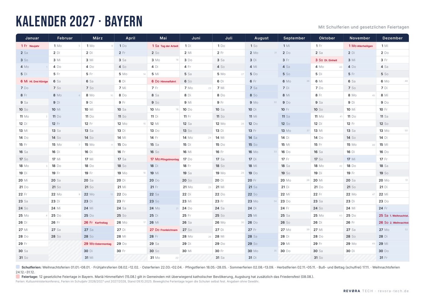 Vorschau: Kalender 2027 Bayern mit Schulferien und Feiertagen