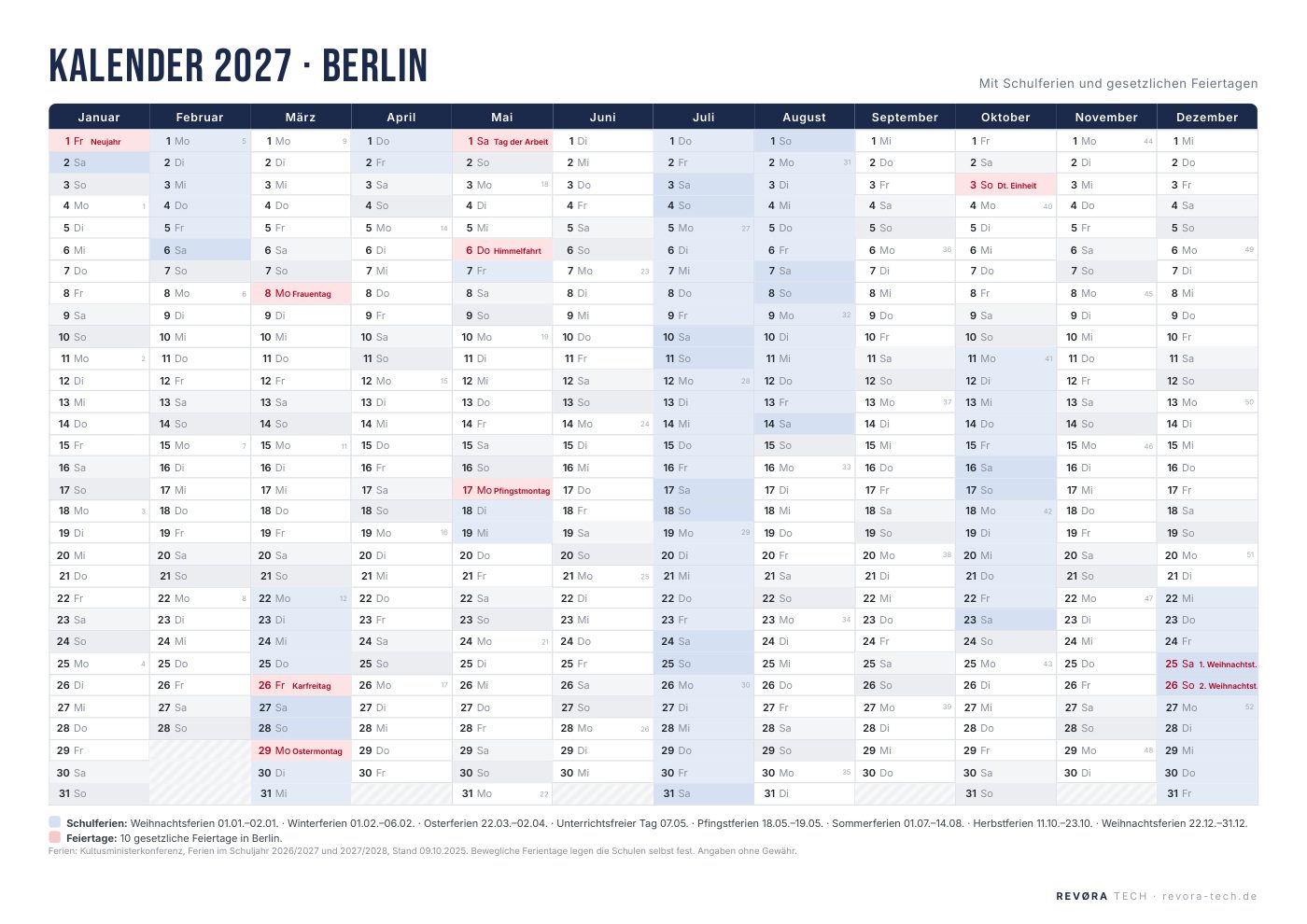 Vorschau: Kalender 2027 Berlin mit Schulferien und Feiertagen