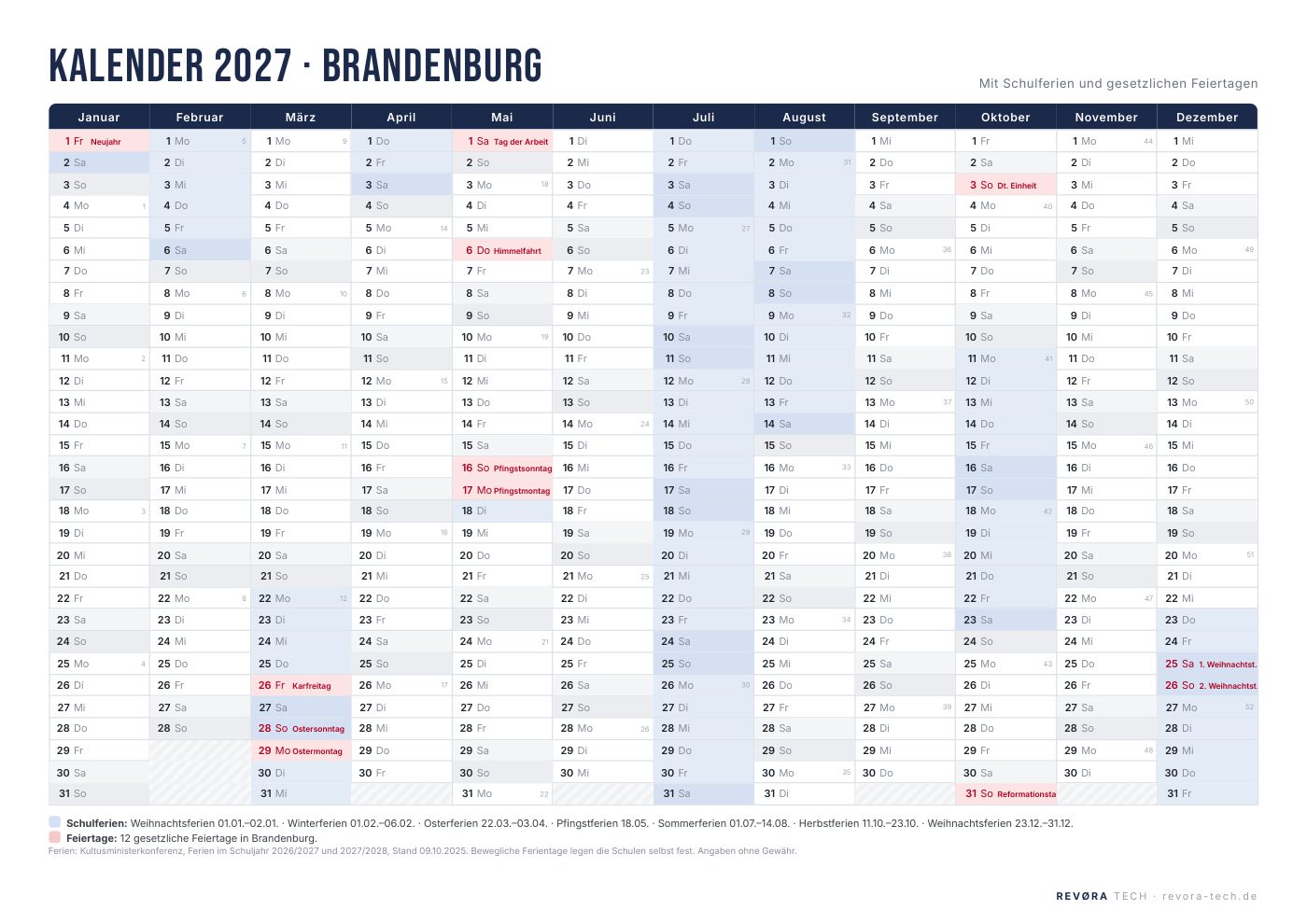 Vorschau: Kalender 2027 Brandenburg mit Schulferien und Feiertagen