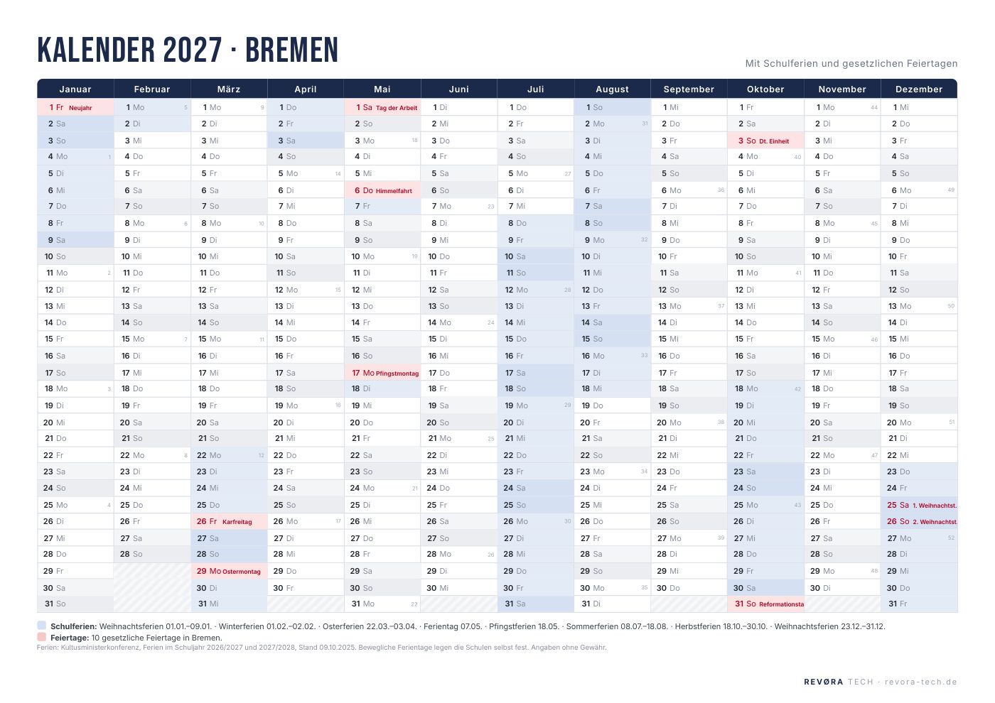 Vorschau: Kalender 2027 Bremen mit Schulferien und Feiertagen