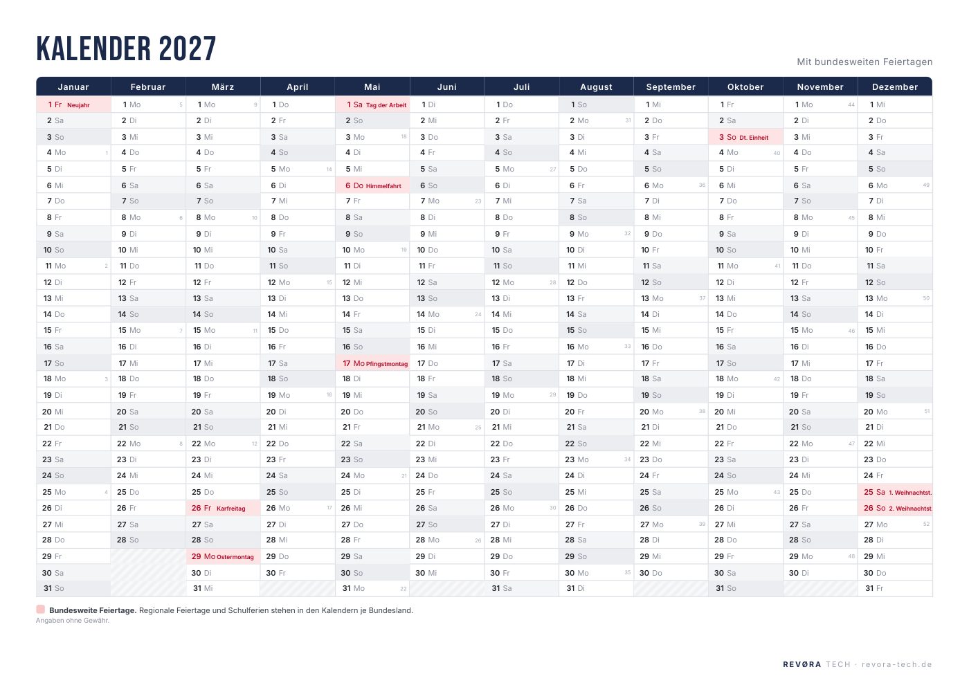 Vorschau: Kalender 2027 mit bundesweiten Feiertagen