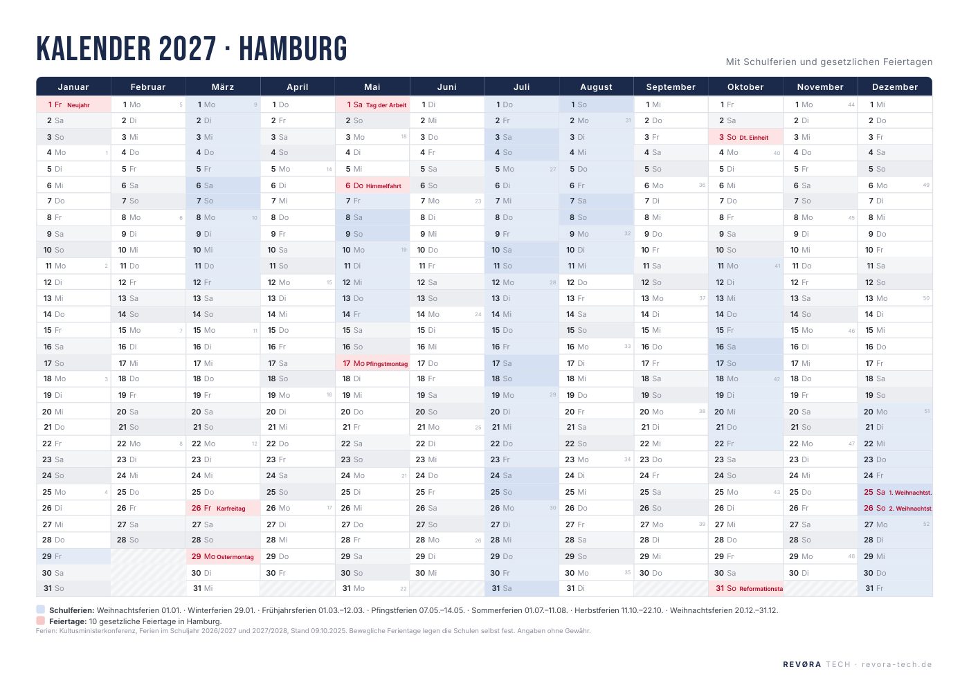 Vorschau: Kalender 2027 Hamburg mit Schulferien und Feiertagen