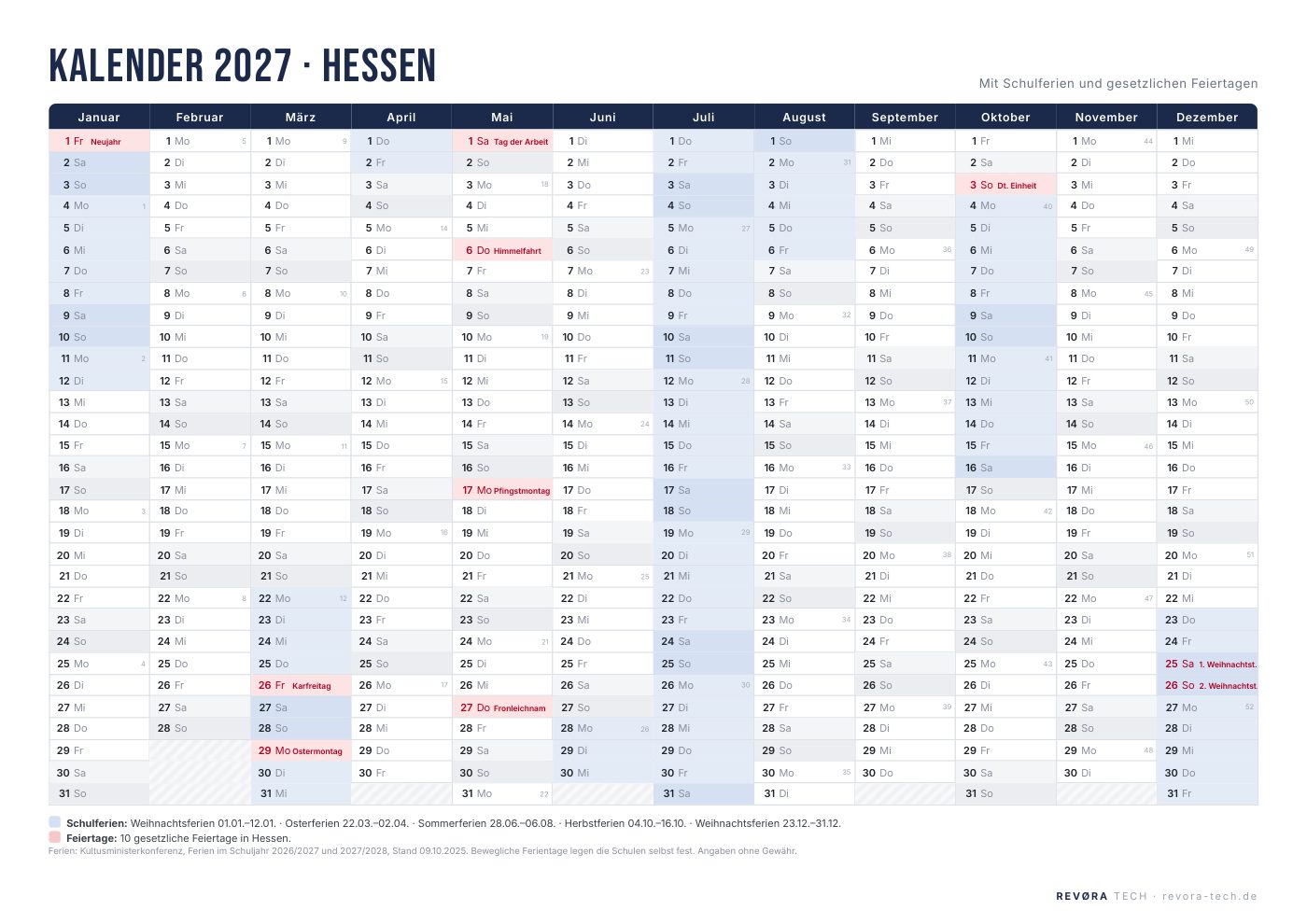 Vorschau: Kalender 2027 Hessen mit Schulferien und Feiertagen