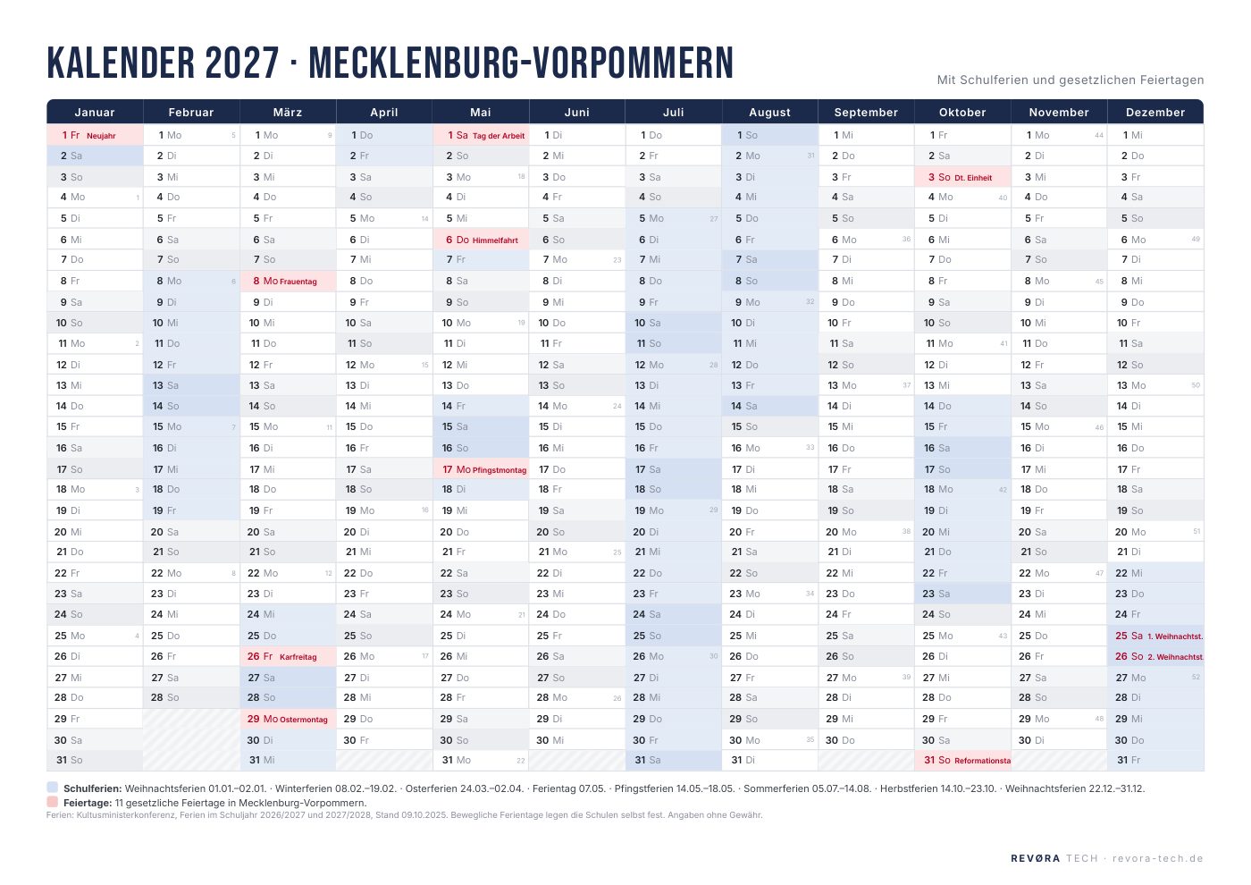 Vorschau: Kalender 2027 Mecklenburg-Vorpommern mit Schulferien und Feiertagen