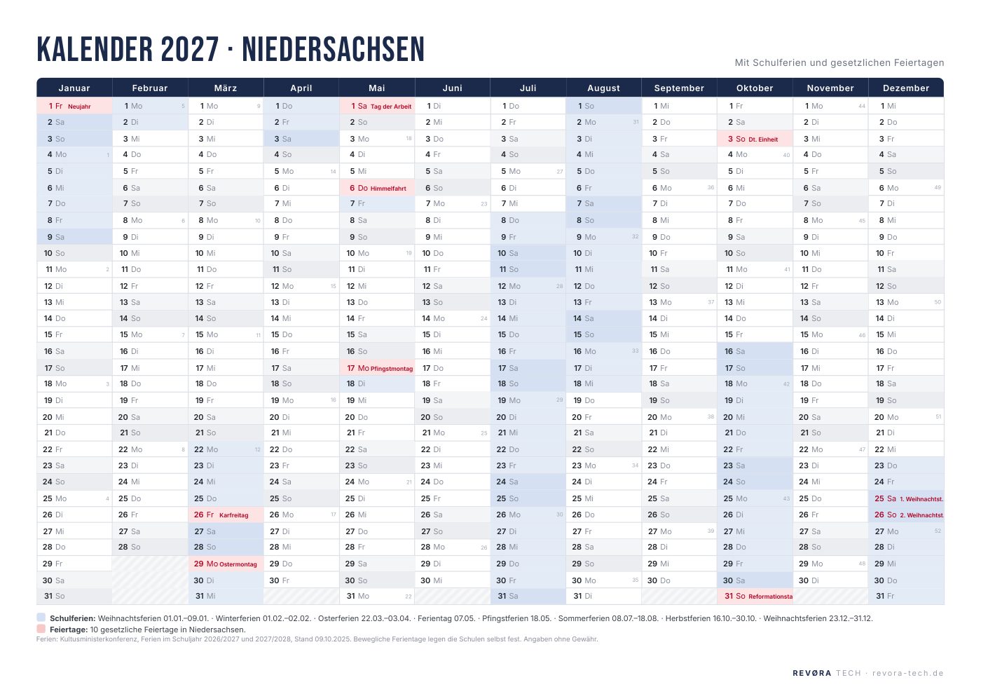Vorschau: Kalender 2027 Niedersachsen mit Schulferien und Feiertagen