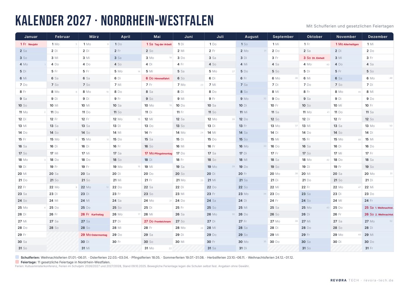 Vorschau: Kalender 2027 Nordrhein-Westfalen mit Schulferien und Feiertagen