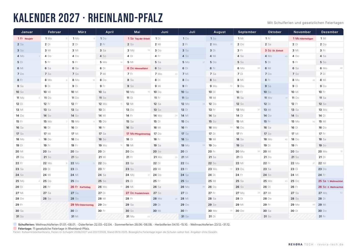 Vorschau: Kalender 2027 Rheinland-Pfalz mit Schulferien und Feiertagen