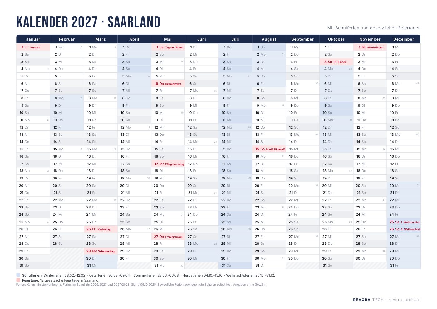 Vorschau: Kalender 2027 Saarland mit Schulferien und Feiertagen