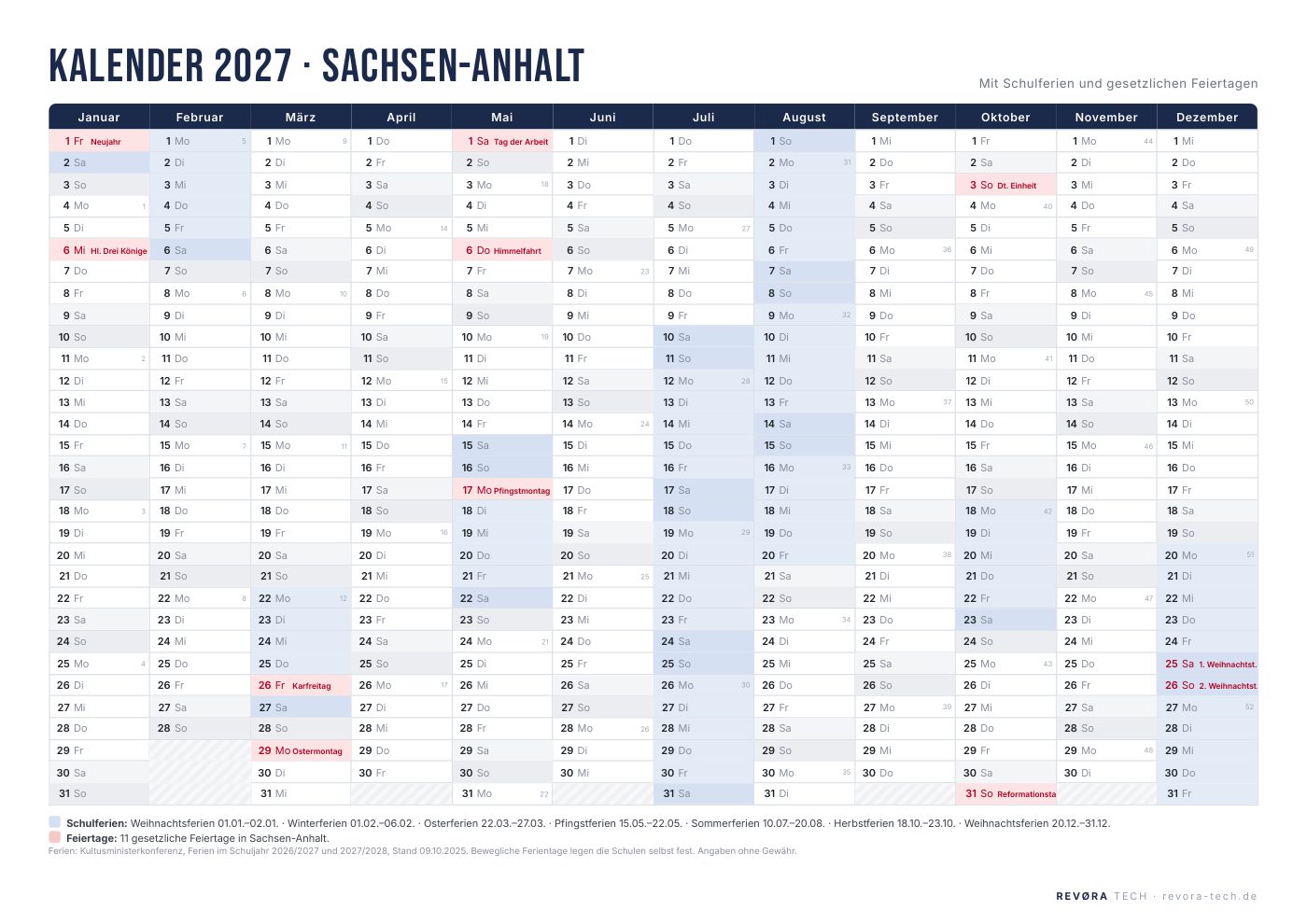 Vorschau: Kalender 2027 Sachsen-Anhalt mit Schulferien und Feiertagen