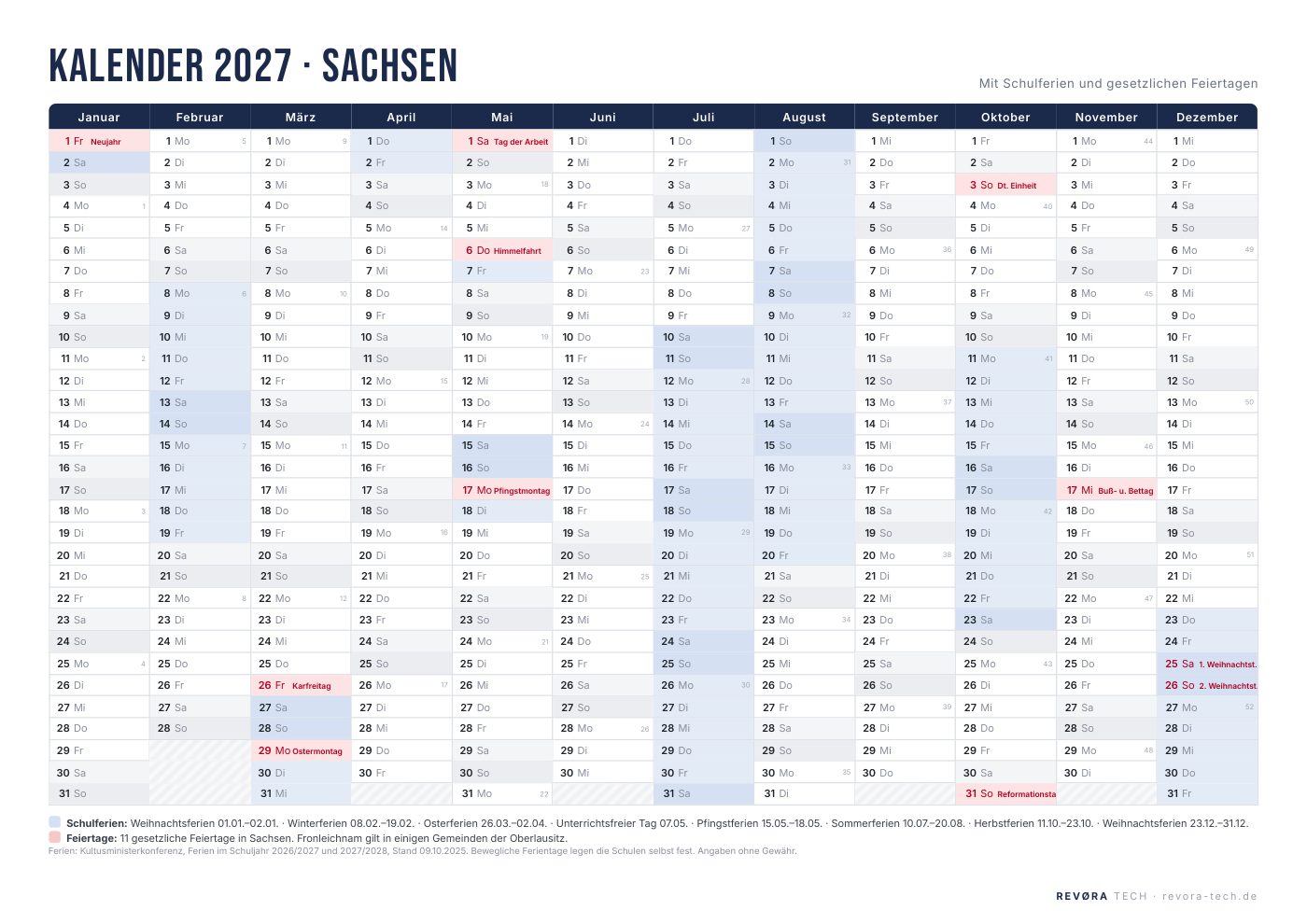 Vorschau: Kalender 2027 Sachsen mit Schulferien und Feiertagen