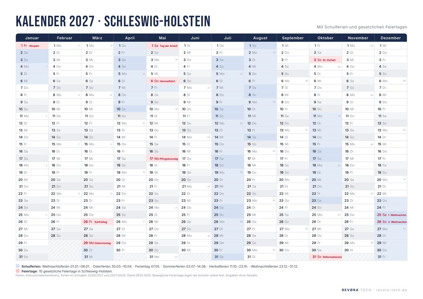 Vorschau: Kalender 2027 Schleswig-Holstein mit Schulferien und Feiertagen