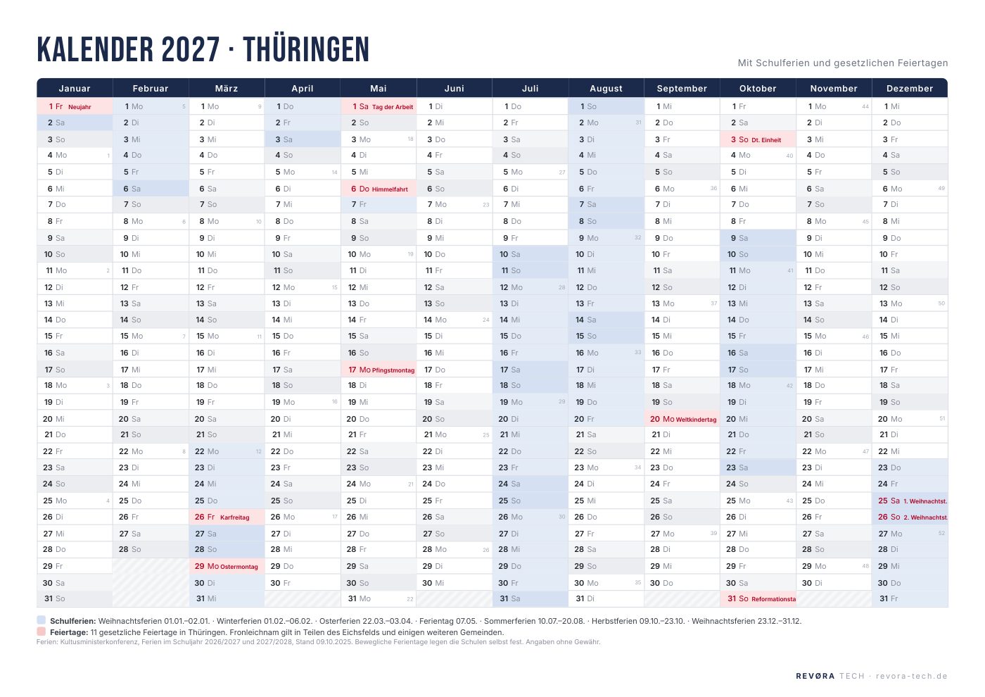 Vorschau: Kalender 2027 Thüringen mit Schulferien und Feiertagen